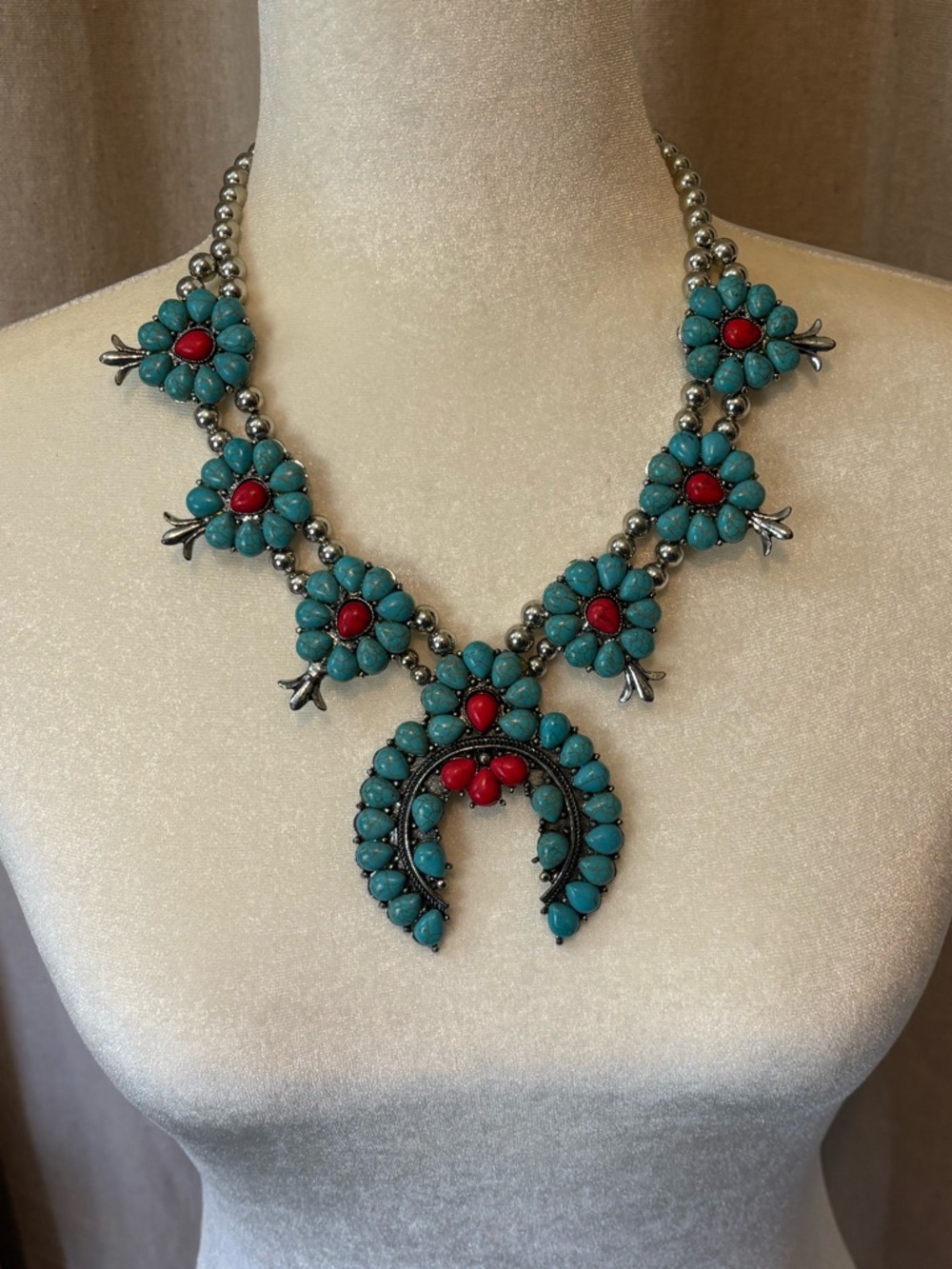 Faux Turquoise Squash Blossom Necklace